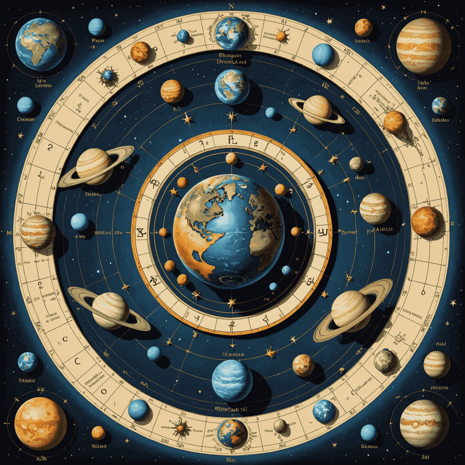 Diagram ukazující různé planety a jejich postavení v horoskopu